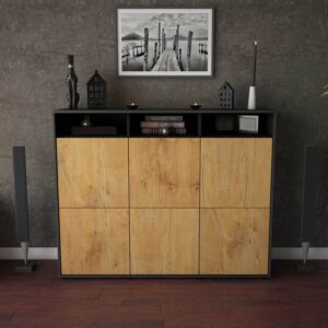 Highboard - Sara - Design Holzdekor - Freistehend mit Push to Open 136 cm Anthrazit - Front Walnuss  Bestellnummer:2030211836