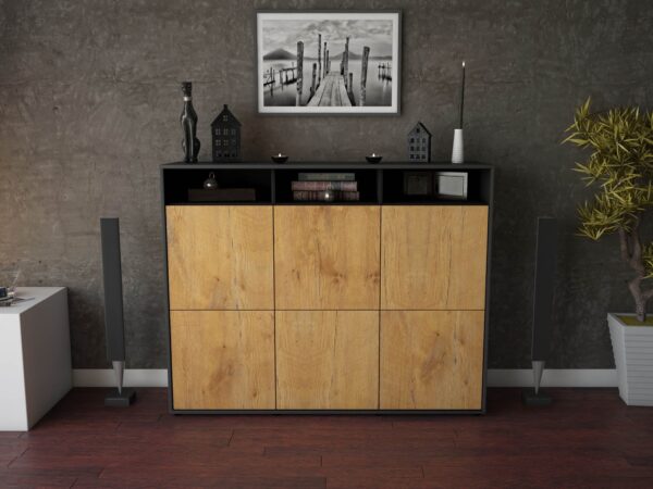 Highboard - Sara - Design Holzdekor - Freistehend mit Push to Open 136 cm Anthrazit - Front Walnuss  Bestellnummer:2030211836