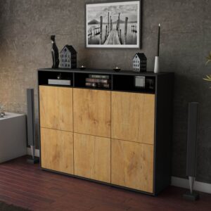 Highboard - Sara - Design Holzdekor - Freistehend mit Push to Open 136 cm Anthrazit - Front Pinie  Bestellnummer:2030211837