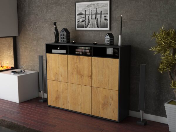 Highboard - Sara - Design Holzdekor - Freistehend mit Push to Open 136 cm Anthrazit - Front Pinie  Bestellnummer:2030211837