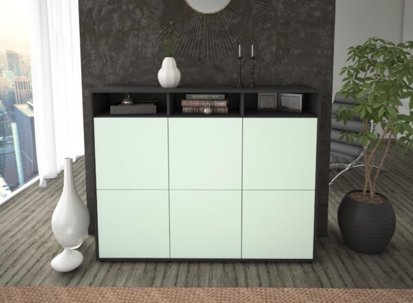 Highboard - Sara - Design Farbakzent - Freistehend mit Push to Open 136 cm Anthrazit - Front Gelb  Bestellnummer:2030211846