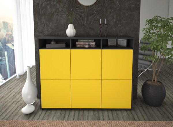 Highboard - Sara - Design Farbakzent - Freistehend mit Push to Open 136 cm Anthrazit - Front Rot  Bestellnummer:2030211849