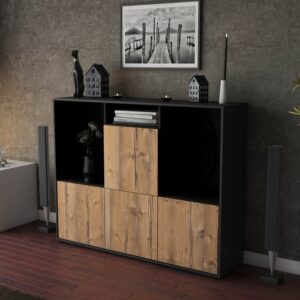 Highboard - Saskia - Design Holzdekor - Freistehend mit Push to Open 136 cm Anthrazit - Front Eiche  Bestellnummer:2030212039