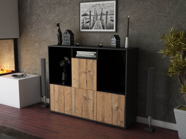 Highboard - Saskia - Design Holzdekor - Freistehend mit Push to Open 136 cm Anthrazit - Front Eiche  Bestellnummer:2030212039