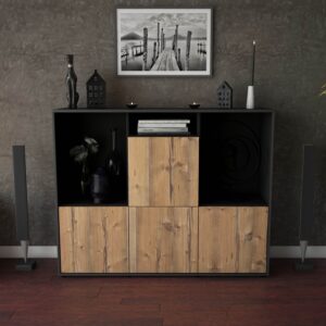 Highboard - Saskia - Design Holzdekor - Freistehend mit Push to Open 136 cm Anthrazit - Front Walnuss  Bestellnummer:2030212040