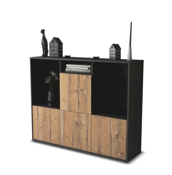 Highboard - Saskia - Design Holzdekor - Freistehend mit Push to Open 136 cm Anthrazit - Front Pinie  Bestellnummer:2030212041