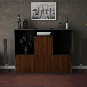 Highboard - Saskia - Design Holzdekor - Freistehend mit Push to Open 136 cm Anthrazit - Front Treibholz  Bestellnummer:2030212043