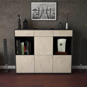 Highboard - Selena - Design Holzdekor - Freistehend mit Push to Open 136 cm Anthrazit - Front Walnuss  Bestellnummer:2030212142