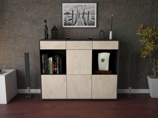 Highboard - Selena - Design Holzdekor - Freistehend mit Push to Open 136 cm Anthrazit - Front Walnuss  Bestellnummer:2030212142