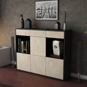 Highboard - Selena - Design Holzdekor - Freistehend mit Push to Open 136 cm Anthrazit - Front Pinie  Bestellnummer:2030212143