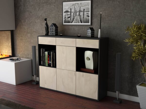 Highboard - Selena - Design Holzdekor - Freistehend mit Push to Open 136 cm Anthrazit - Front Pinie  Bestellnummer:2030212143