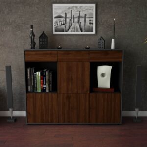 Highboard - Selena - Design Holzdekor - Freistehend mit Push to Open 136 cm Anthrazit - Front Treibholz  Bestellnummer:2030212145