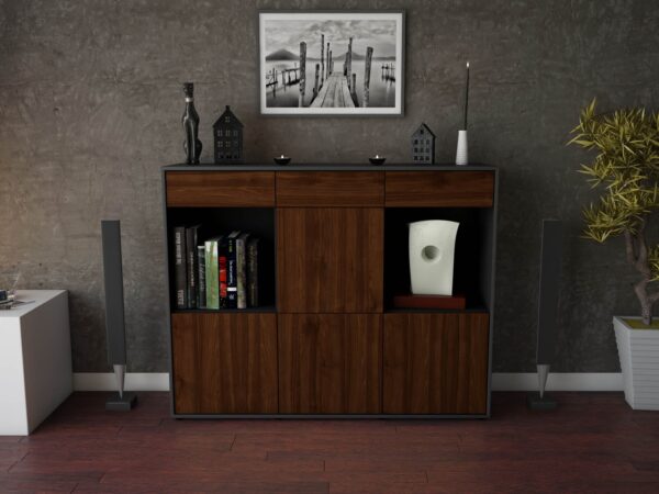 Highboard - Selena - Design Holzdekor - Freistehend mit Push to Open 136 cm Anthrazit - Front Treibholz  Bestellnummer:2030212145