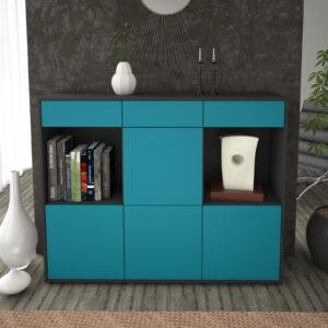 Highboard - Selena - Design Farbakzent - Freistehend mit Push to Open 136 cm Anthrazit - Front Gelb  Bestellnummer:2030212152