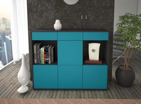 Highboard - Selena - Design Farbakzent - Freistehend mit Push to Open 136 cm Anthrazit - Front Gelb  Bestellnummer:2030212152