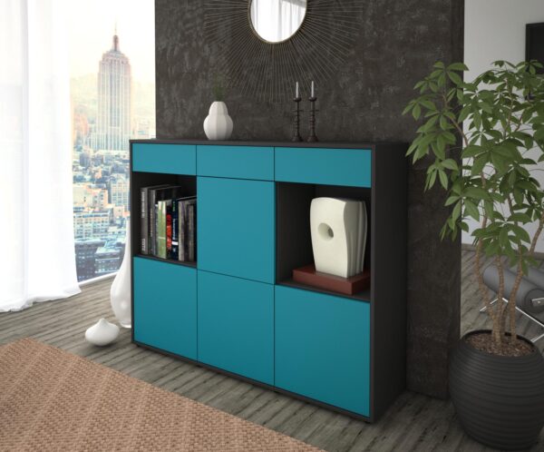 Highboard - Selena - Design Farbakzent - Freistehend mit Push to Open 136 cm Anthrazit - Front Lila  Bestellnummer:2030212153