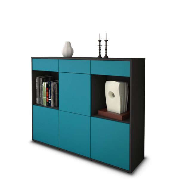 Highboard - Selena - Design Farbakzent - Freistehend mit Push to Open 136 cm Anthrazit - Front T?rkis  Bestellnummer:2030212154