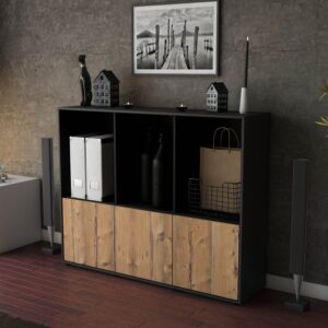 Highboard - Seraphine - Design Holzdekor - Freistehend mit Push to Open 136 cm Anthrazit - Front Eiche  Bestellnummer:2030212549