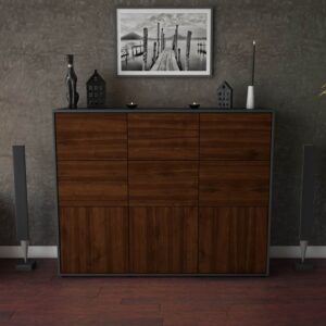 Highboard - Silvana - Design Holzdekor - Freistehend mit Push to Open 136 cm Anthrazit - Front Eiche  Bestellnummer:2030212855