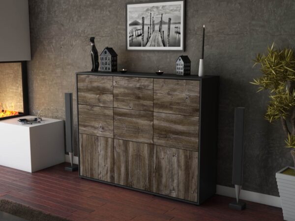 Highboard - Silvana - Design Holzdekor - Freistehend mit Push to Open 136 cm Anthrazit - Front Pinie  Bestellnummer:2030212857