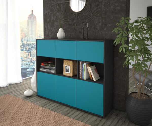 Highboard - Sira - Design Farbakzent - Freistehend mit Push to Open 136 cm Anthrazit - Front Lila  Bestellnummer:2030213275