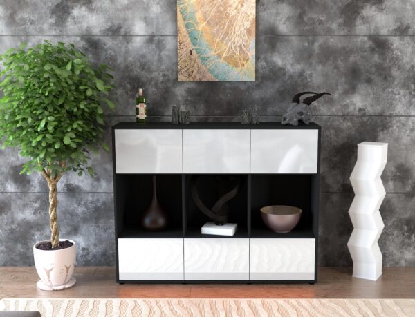 Highboard - Suna - Design Hochglanz - Freistehend mit Push to Open 136 cm Anthrazit - Front Schwarz  Bestellnummer:2030213677