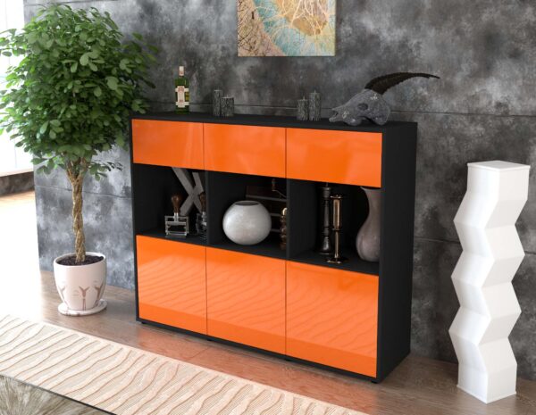 Highboard - Tessa - Design Hochglanz - Freistehend mit Push to Open 136 cm Anthrazit - Front Wei?  Bestellnummer:2030214596