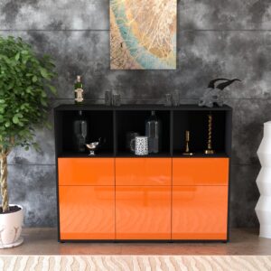 Highboard - Theresia - Design Hochglanz - Freistehend mit Push to Open 136 cm Anthrazit - Front Grau  Bestellnummer:2030214700