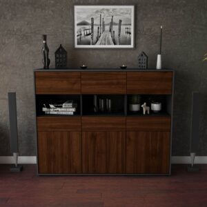 Highboard - Tizia - Design Holzdekor - Freistehend mit Push to Open 136 cm Anthrazit - Front Eiche  Bestellnummer:2030214997