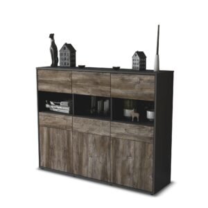 Highboard - Tizia - Design Holzdekor - Freistehend mit Push to Open 136 cm Anthrazit - Front Treibholz  Bestellnummer:2030215001