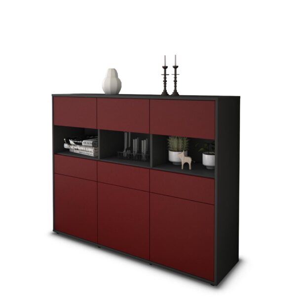 Highboard - Tizia - Design Farbakzent - Freistehend mit Push to Open 136 cm Anthrazit - Front Rot  Bestellnummer:2030215011