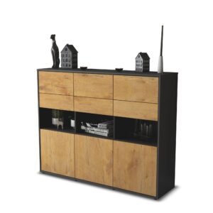 Highboard - Tiziana - Design Holzdekor - Freistehend mit Push to Open 136 cm Anthrazit - Front Eiche  Bestellnummer:2030215099