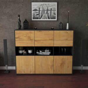 Highboard - Tiziana - Design Holzdekor - Freistehend mit Push to Open 136 cm Anthrazit - Front Walnuss  Bestellnummer:2030215100