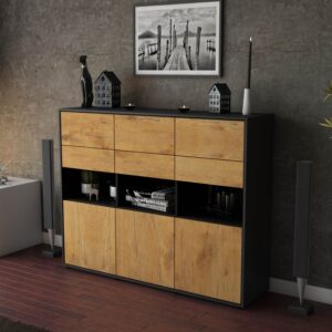 Highboard - Tiziana - Design Holzdekor - Freistehend mit Push to Open 136 cm Anthrazit - Front Pinie  Bestellnummer:2030215101