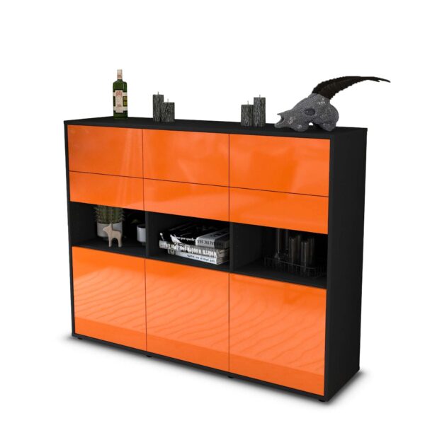 Highboard - Tiziana - Design Hochglanz - Freistehend mit Push to Open 136 cm Anthrazit - Front Orange  Bestellnummer:2030215104