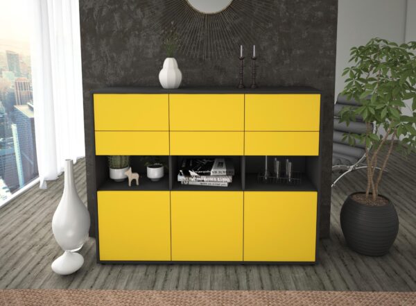 Highboard - Tiziana - Design Farbakzent - Freistehend mit Push to Open 136 cm Anthrazit - Front Rot  Bestellnummer:2030215113