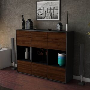 Highboard - Tonja - Design Holzdekor - Freistehend mit Push to Open 136 cm Anthrazit - Front Pinie  Bestellnummer:2030215203