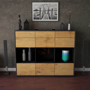 Highboard - Tonja - Design Holzdekor - Freistehend mit Push to Open 136 cm Anthrazit - Front Treibholz  Bestellnummer:2030215205