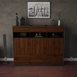 Highboard - Tosca - Design Holzdekor - Freistehend mit Push to Open 136 cm Anthrazit - Front Treibholz  Bestellnummer:2030215307