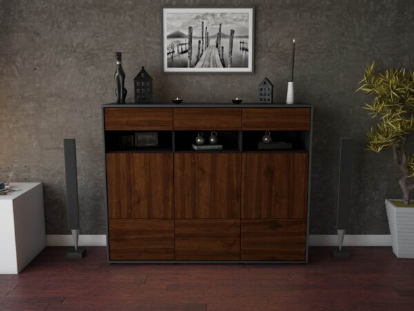 Highboard - Tosca - Design Holzdekor - Freistehend mit Push to Open 136 cm Anthrazit - Front Treibholz  Bestellnummer:2030215307