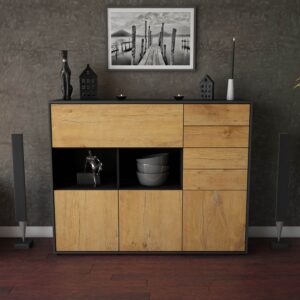 Highboard - Vanda - Design Holzdekor - Freistehend mit Push to Open 136 cm Anthrazit - Front Treibholz  Bestellnummer:2030216021