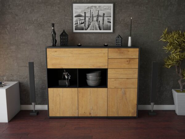 Highboard - Vanda - Design Holzdekor - Freistehend mit Push to Open 136 cm Anthrazit - Front Treibholz  Bestellnummer:2030216021