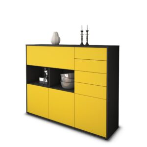 Highboard - Vanda - Design Farbakzent - Freistehend mit Push to Open 136 cm Anthrazit - Front Gelb  Bestellnummer:2030216028