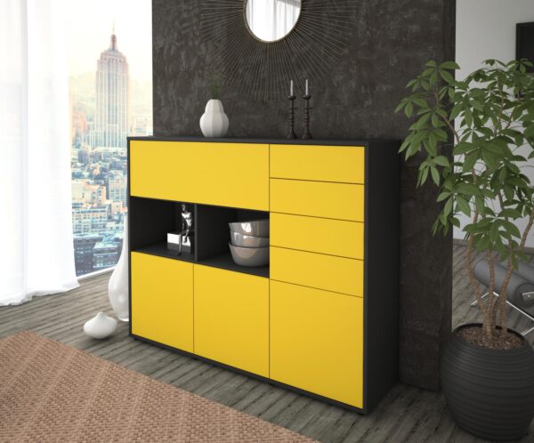 Highboard - Vanda - Design Farbakzent - Freistehend mit Push to Open 136 cm Anthrazit - Front Lila  Bestellnummer:2030216029