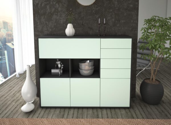 Highboard - Vanda - Design Farbakzent - Freistehend mit Push to Open 136 cm Anthrazit - Front Rot  Bestellnummer:2030216031