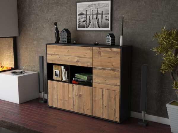 Highboard - Velia - Design Holzdekor - Freistehend mit Push to Open 136 cm Anthrazit - Front Eiche  Bestellnummer:2030216221