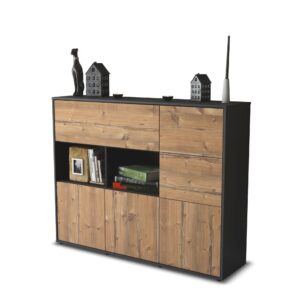 Highboard - Velia - Design Holzdekor - Freistehend mit Push to Open 136 cm Anthrazit - Front Pinie  Bestellnummer:2030216223