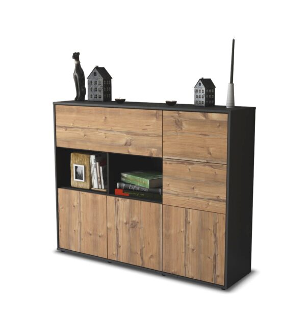 Highboard - Velia - Design Holzdekor - Freistehend mit Push to Open 136 cm Anthrazit - Front Pinie  Bestellnummer:2030216223