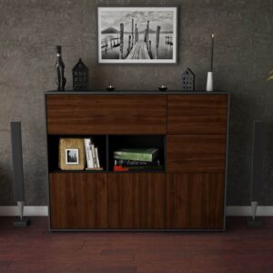 Highboard - Velia - Design Holzdekor - Freistehend mit Push to Open 136 cm Anthrazit - Front Treibholz  Bestellnummer:2030216225