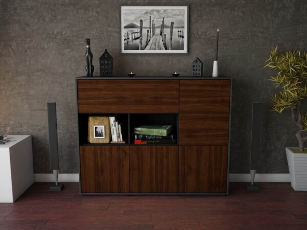 Highboard - Velia - Design Holzdekor - Freistehend mit Push to Open 136 cm Anthrazit - Front Treibholz  Bestellnummer:2030216225